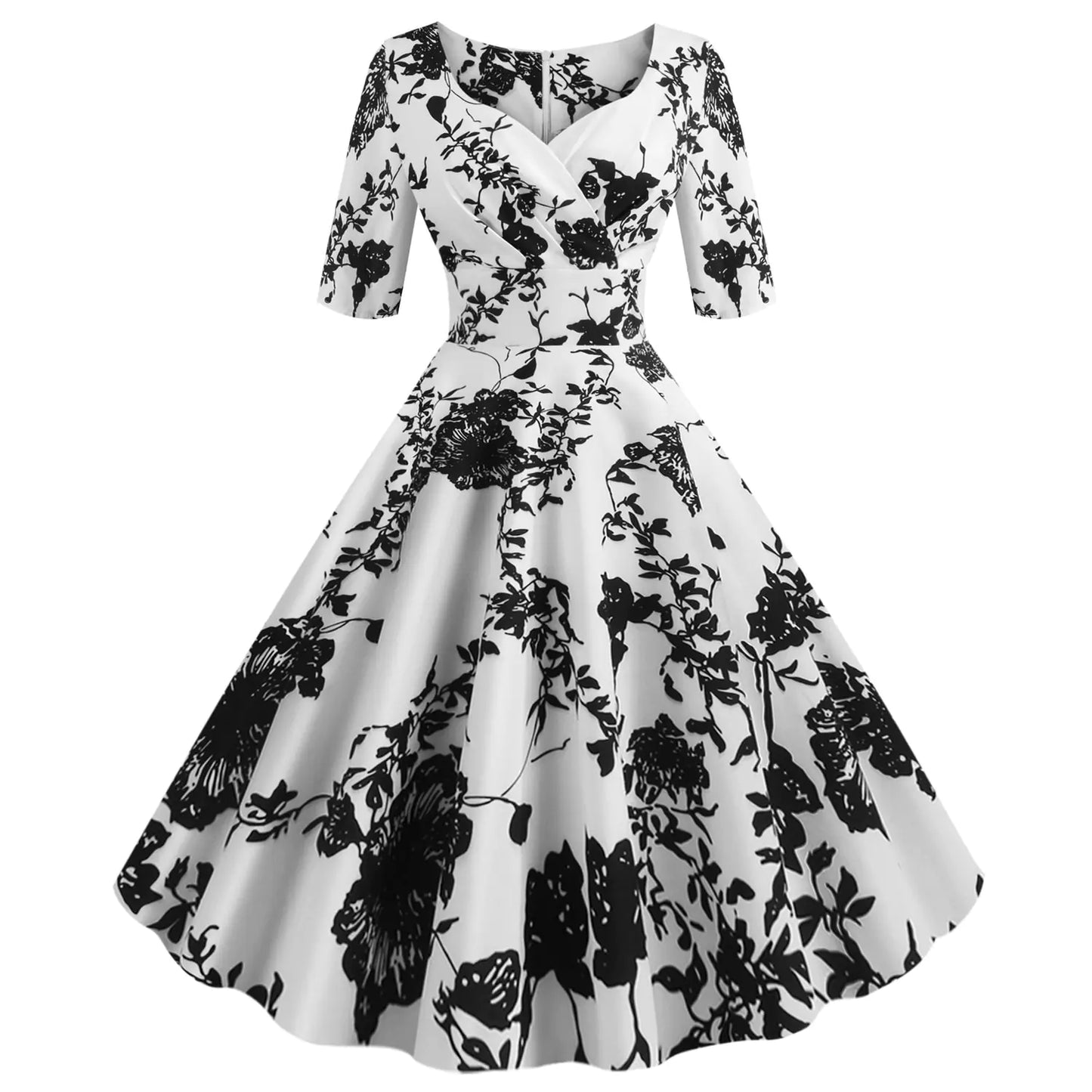 Hepburn Style Vintage Printed Swing Dress with V-neck