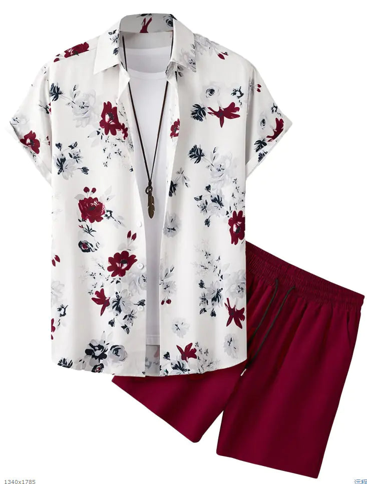2023 Orange Leaf Print Short Sleeve Shirt Set