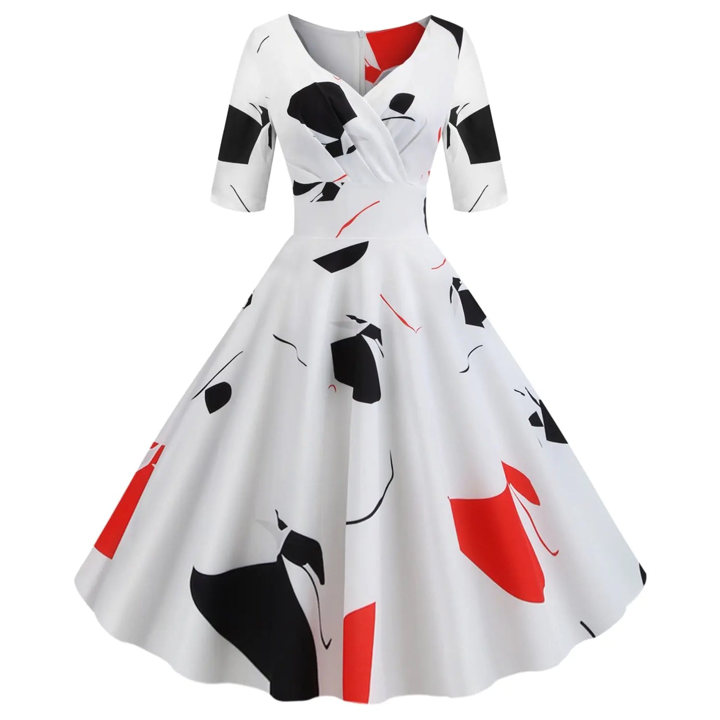 Hepburn Style Vintage Printed Swing Dress with V-neck