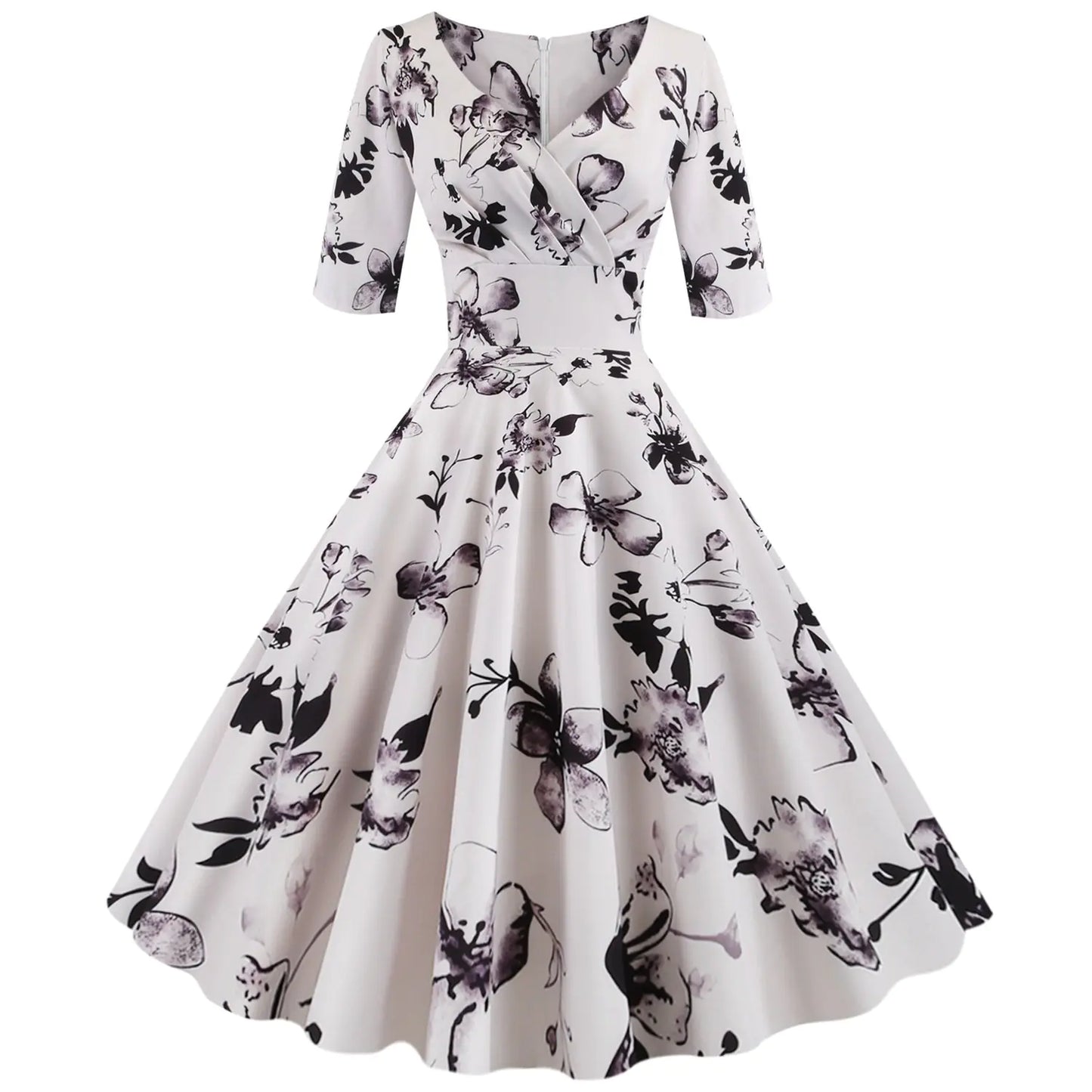Hepburn Style Vintage Printed Swing Dress with V-neck
