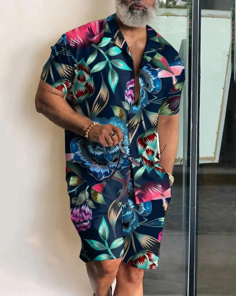 2023 Orange Leaf Print Short Sleeve Shirt Set