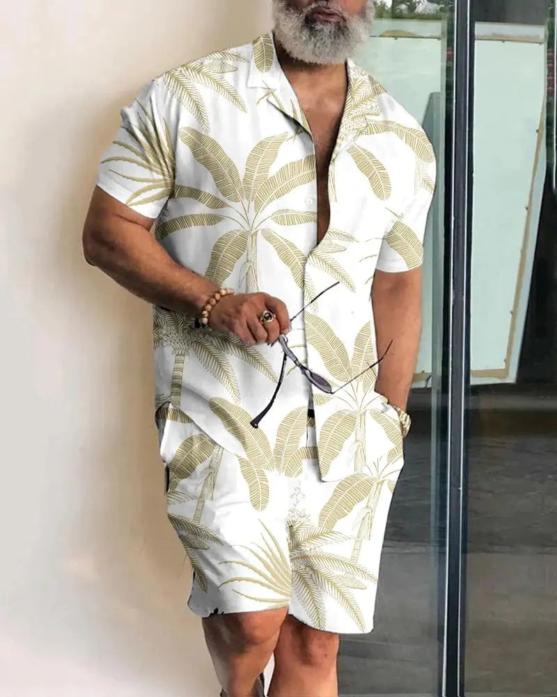 2023 Orange Leaf Print Short Sleeve Shirt Set