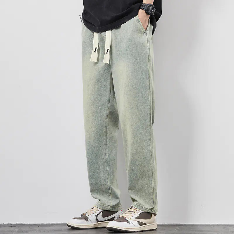Men's Summer Loose Wide Leg Drawstring Jeans Pants