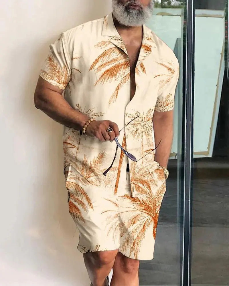 2023 Orange Leaf Print Short Sleeve Shirt Set