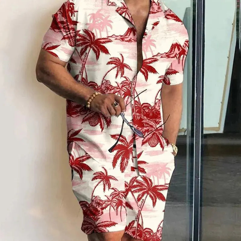 2023 Orange Leaf Print Short Sleeve Shirt Set