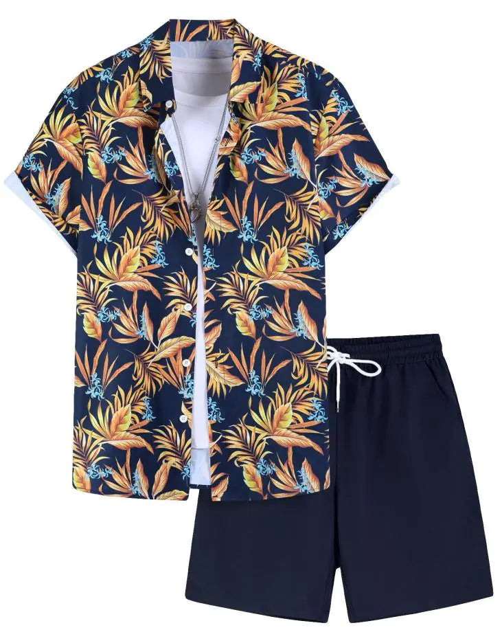 2023 Orange Leaf Print Short Sleeve Shirt Set