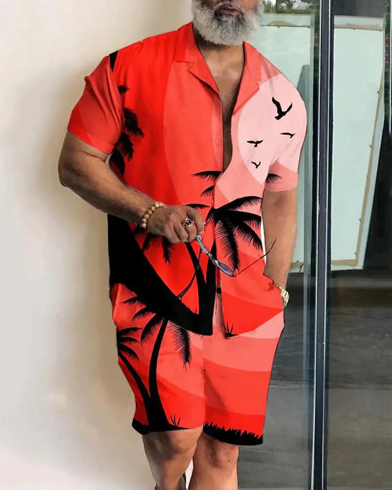2023 Orange Leaf Print Short Sleeve Shirt Set