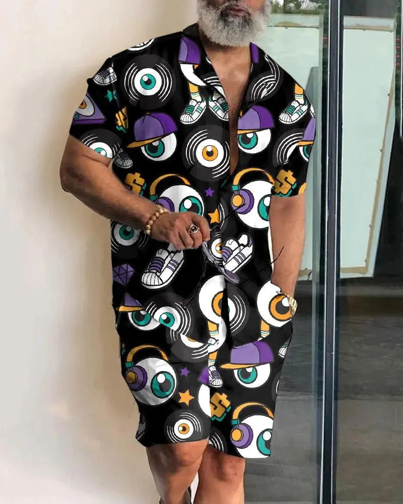 2023 Orange Leaf Print Short Sleeve Shirt Set
