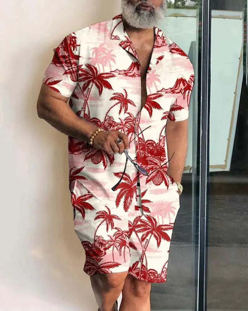 2023 Orange Leaf Print Short Sleeve Shirt Set