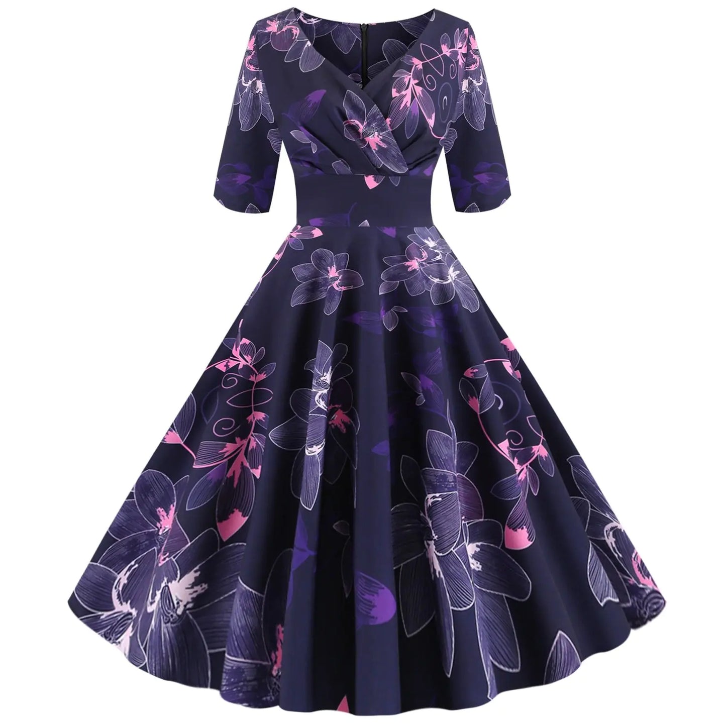 Hepburn Style Vintage Printed Swing Dress with V-neck