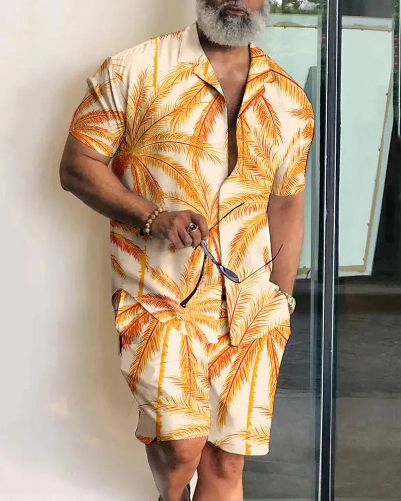 2023 Orange Leaf Print Short Sleeve Shirt Set