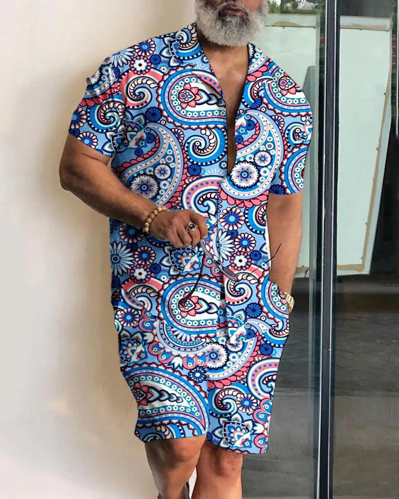 2023 Orange Leaf Print Short Sleeve Shirt Set