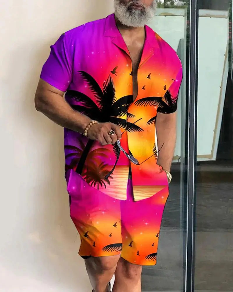 2023 Orange Leaf Print Short Sleeve Shirt Set