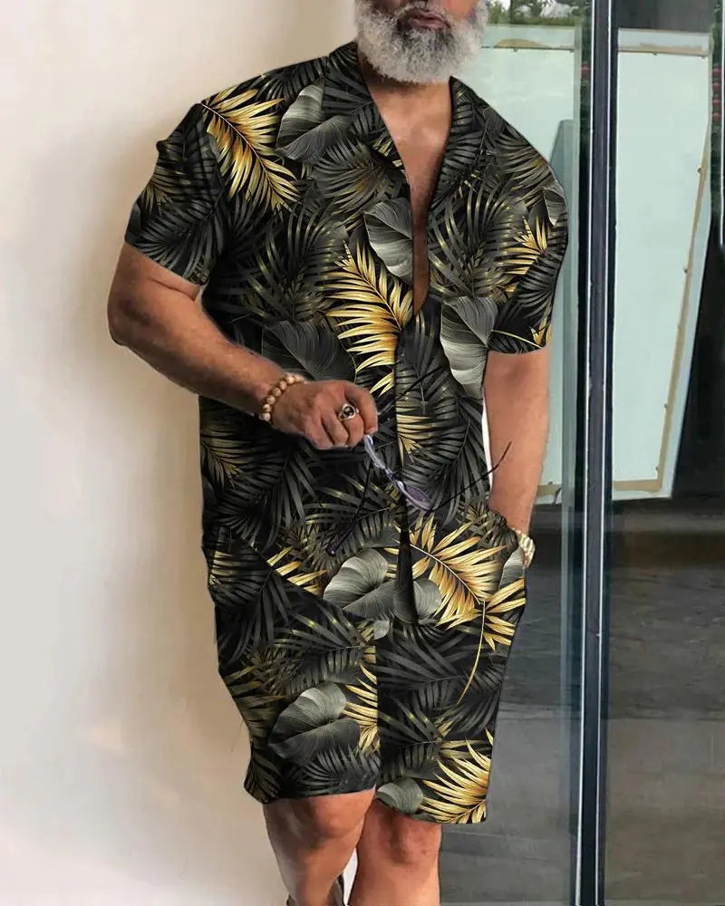 2023 Orange Leaf Print Short Sleeve Shirt Set