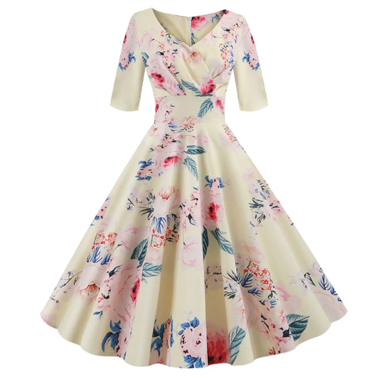 Hepburn Style Vintage Printed Swing Dress with V-neck