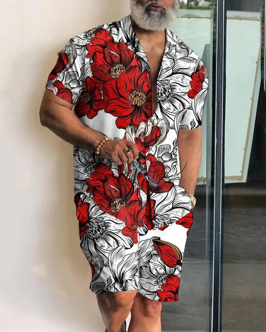 2023 Orange Leaf Print Short Sleeve Shirt Set