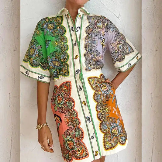 Printed Long Sleeve Casual Dress with Lapel Design
